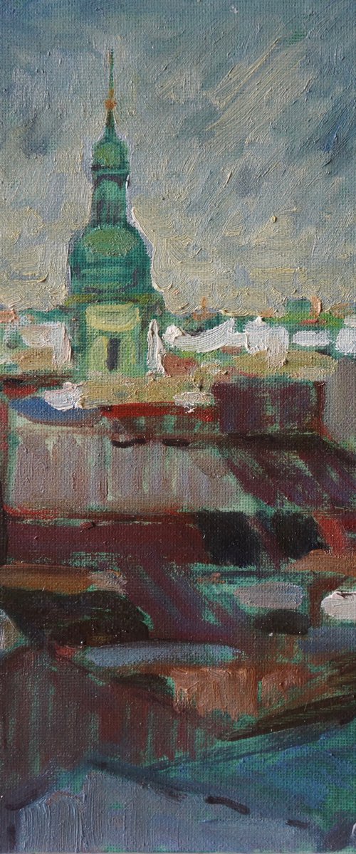 Original Oil Painting Wall Art Signed unframed Hand Made Jixiang Dong Canvas 25cm × 20cm Landscape Small View of Prague from distance Impressionism Impasto by Jixiang Dong