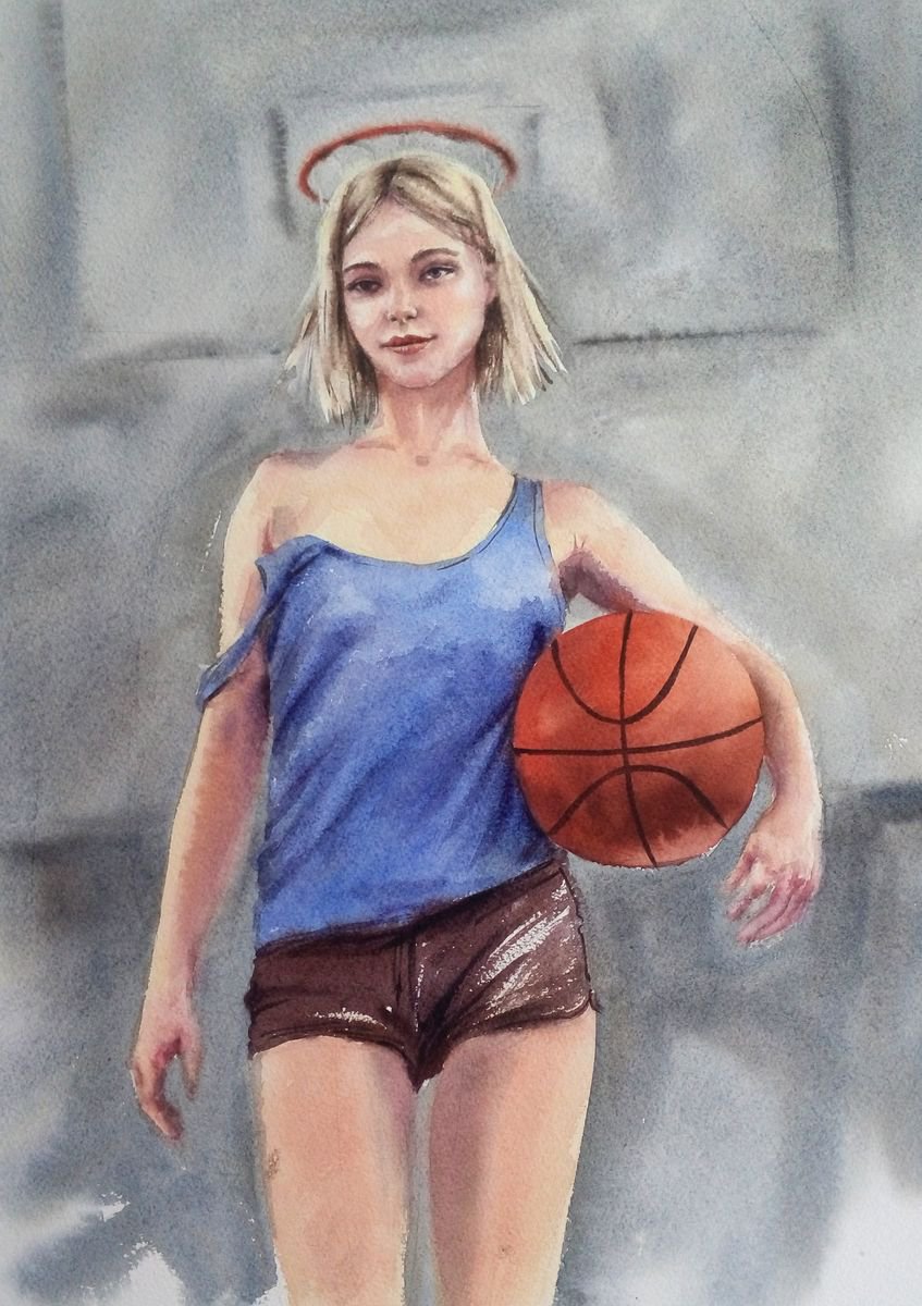 Basketball Angel - Basketball Madonna - Portrait of Young Lady - Young Woman - Young Girl... by Olga Beliaeva Watercolour