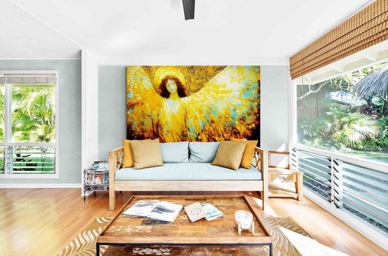 Angel. Large format 180 x 120 cm Original golden bronze huge wall art on canvas. Large artwork for home decor
