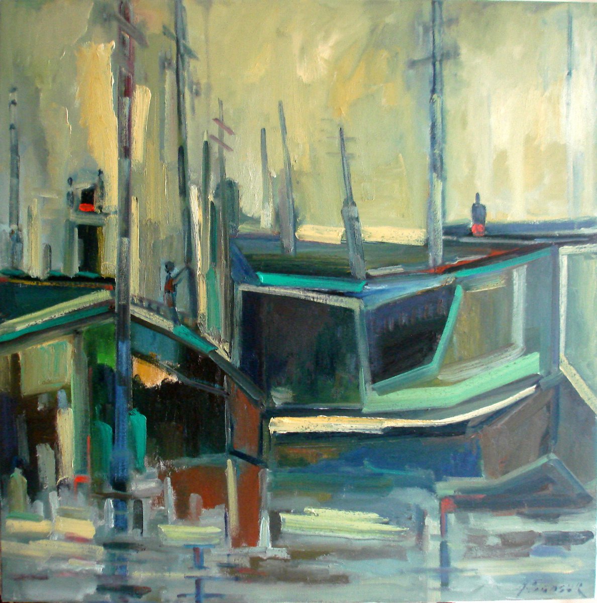 Expressive Landscape Oil Painting By Adel Sansur, 36 X 36, A Harbor View, Original Artwork