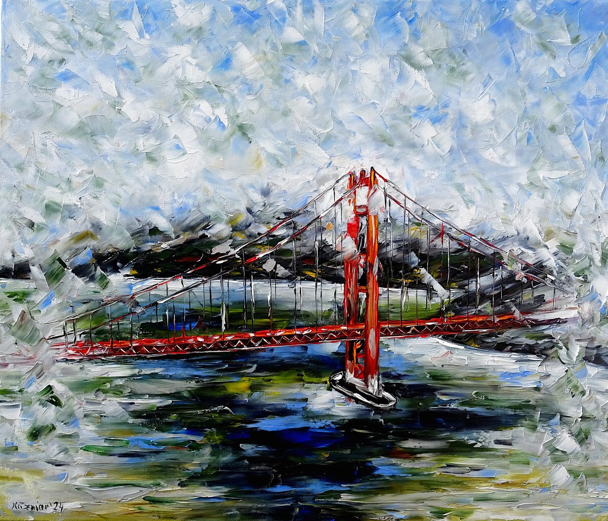 Expressive Cityscapes Oil Painting By Mirek Kuzniar, 28 X 24", Golden Gate Bridge In The Fog, Original Artwork