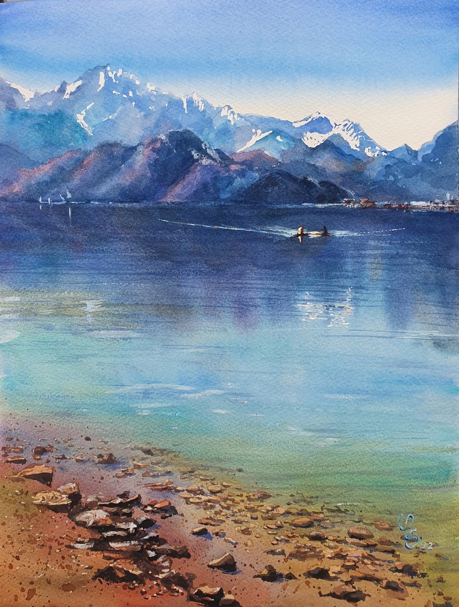 Impressionistic Landscape Watercolour By Sonata Art, 17 X 20", Mountain Blue Waters, Original Artwork