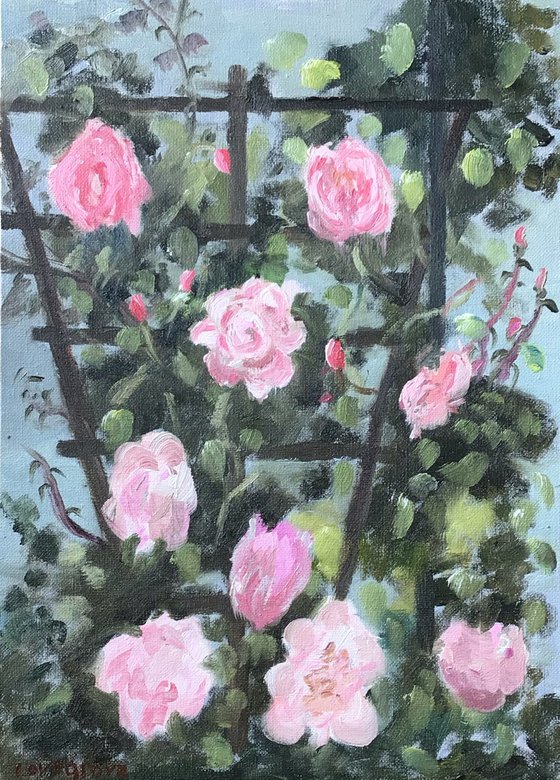 Pink Roses on a trellis, an original oil painting.