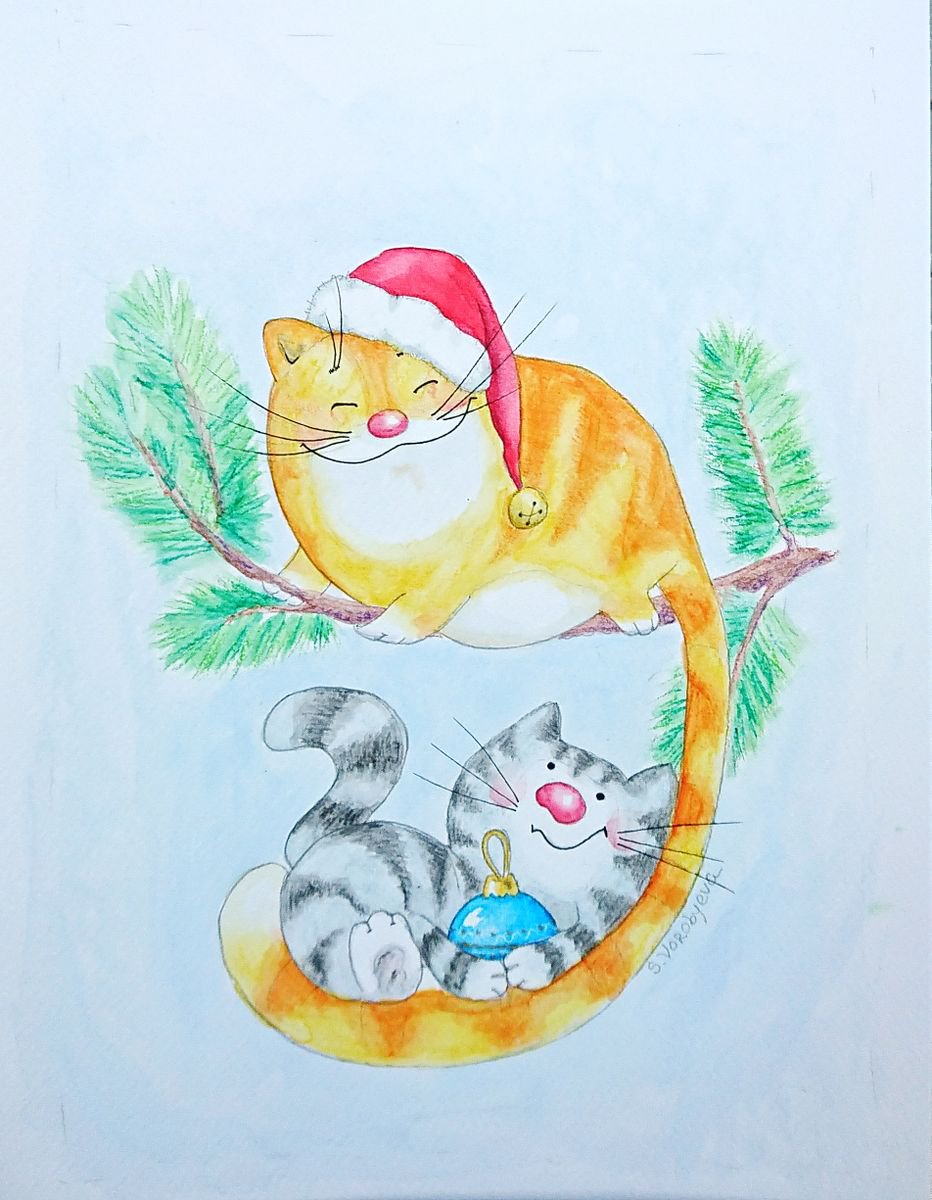 Cat’s Christmas. Watercolor portrait painting. by Svetlana Vorobyeva