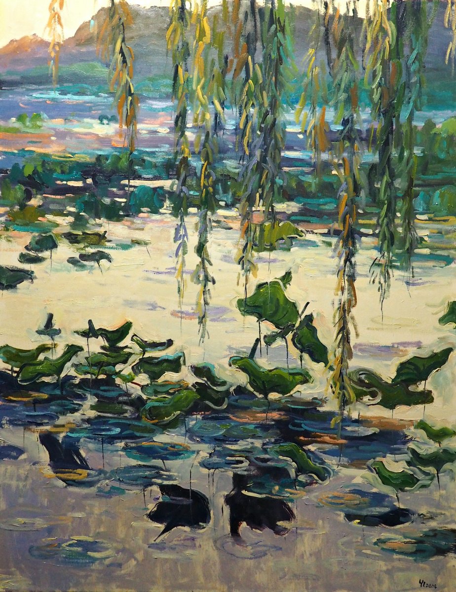Impressionistic Landscape Oil Painting By Yuanyuan Liu, 28 X 35", Lotus Leaves, Original Artwork