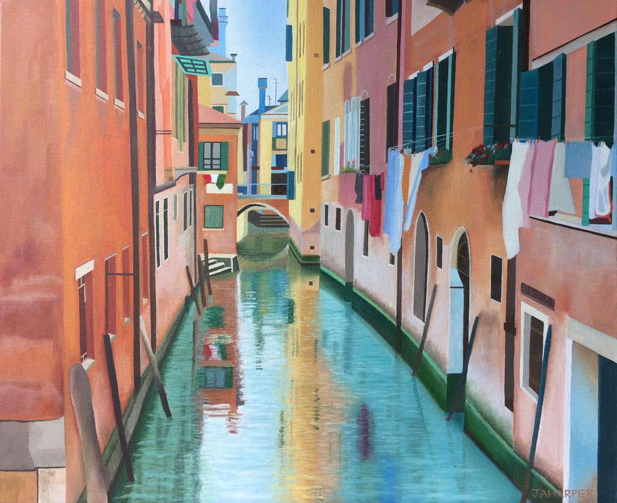 Photorealistic Cityscapes Oil Painting By Jill Ann Harper, 24 X 20, Venice Ii, Original Artwork