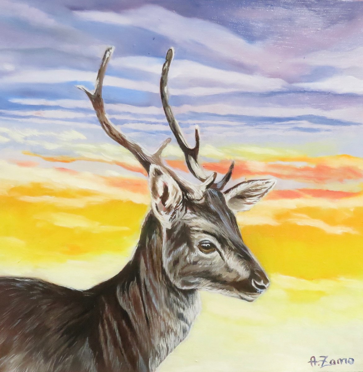 Young fallow deer, Original Oil Painting of Anne Zamo by Anne Zamo