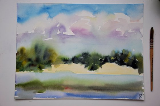 Lake Original Watercolour Painting, Landscape Wall Art, Living Room Art