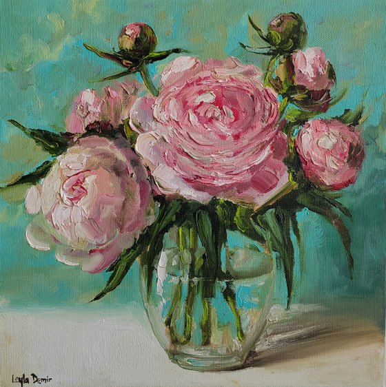 Pink and white peonies bouquet oil painting original still life 12x12"