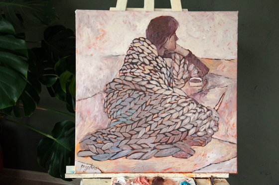Healing properties of a blanket - Faceless Woman Original Modern Figurative Painting Original Oil Painting on Canvas