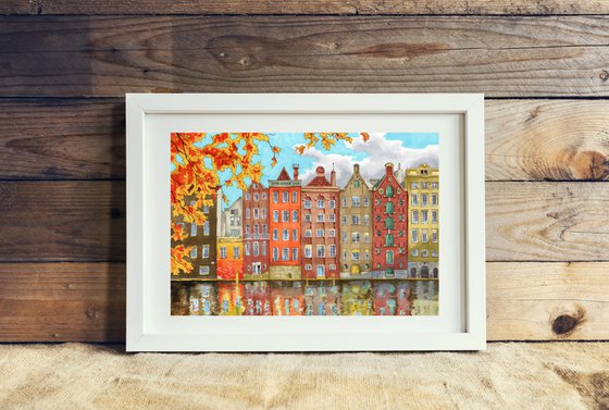 Cityscape with houses of Amsterdam. Autumn city.