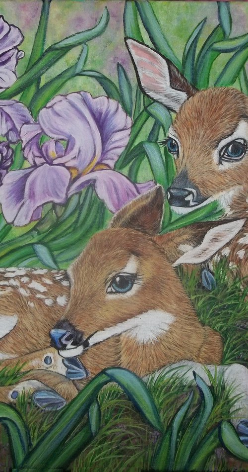 White-tailed deer fawns among Irises by Sofya Mikeworth