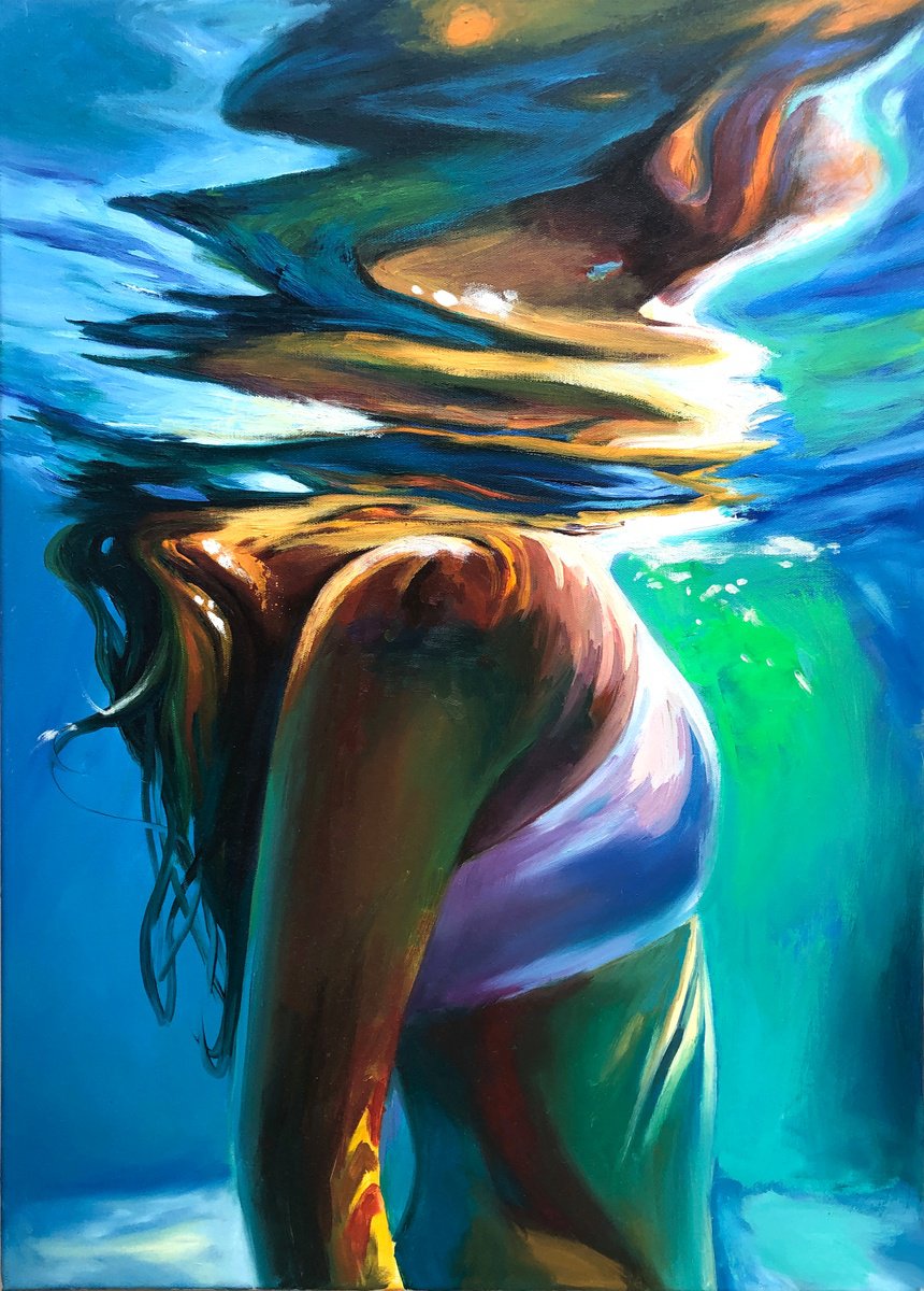 Impressionistic Portrait Oil Painting By Viacheslav Zaykin, 20 X 28", Underwater Portrait Girl Water, Original Artwork