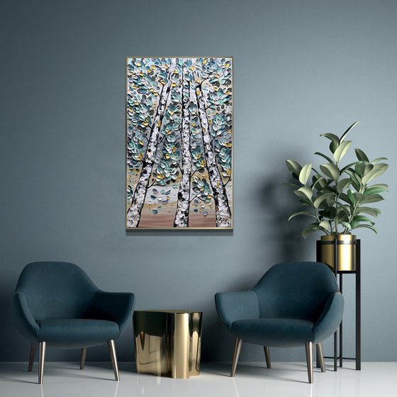 Winter Dream - 3D Textured Fall Gold Blue Birch Trees Landscape Painting on Canvas, Original Abstract Nature Textured Tree Painting - SIZE: 40 X 24 INCHES (100 X 60 CM)