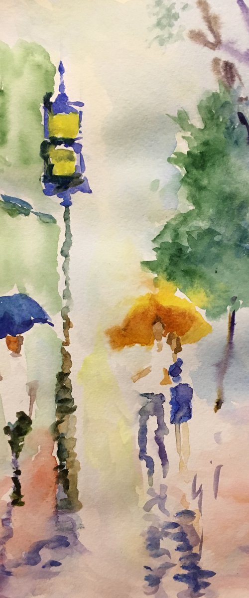 Rainy City, People under an umbrella, watercolor cityscape by Leo Khomich