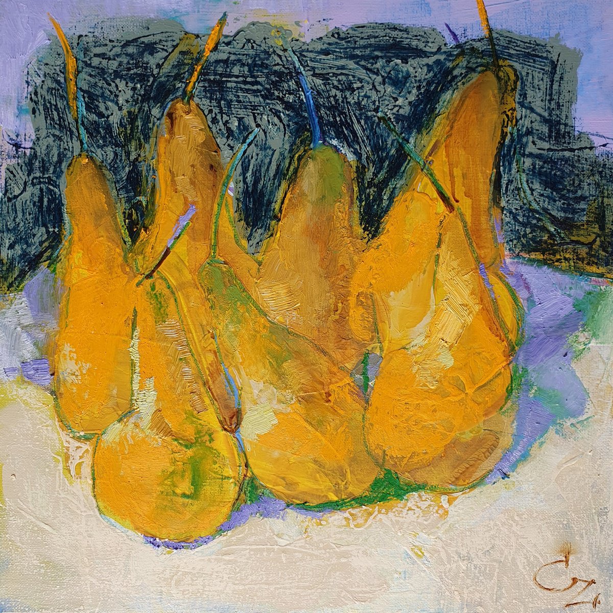 Impressionistic Still Life Oil Painting By Victoria Cozmolici, 12 X 12", Pears, Original Artwork