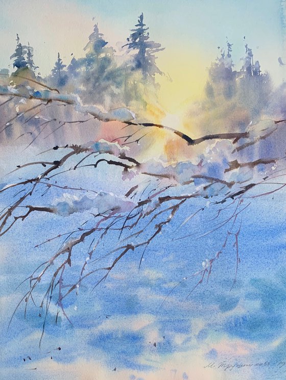 Winterscape with a branch at sunset. Watercolour landscape by Marina Trushnikova. A3 watercolor, winter sunny day.