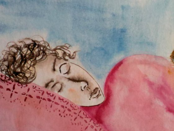 Girl and cat original watercolor painting" My morning. 5 o'clock"