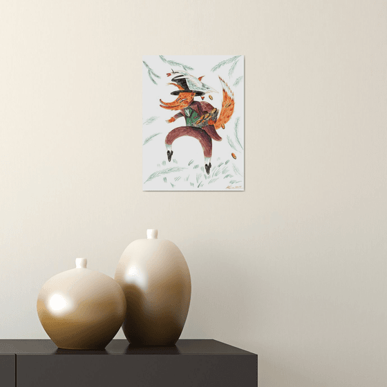 Fox and goose art. Watercolor painting. Painting for a children's room. Funny gift