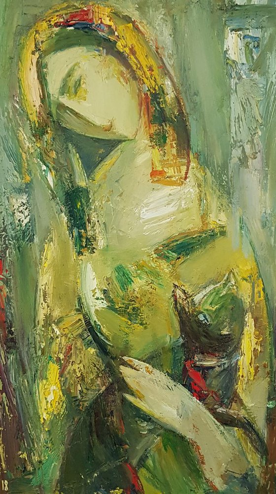 Girl with cat(45x60cm, oil painting, ready to hang)