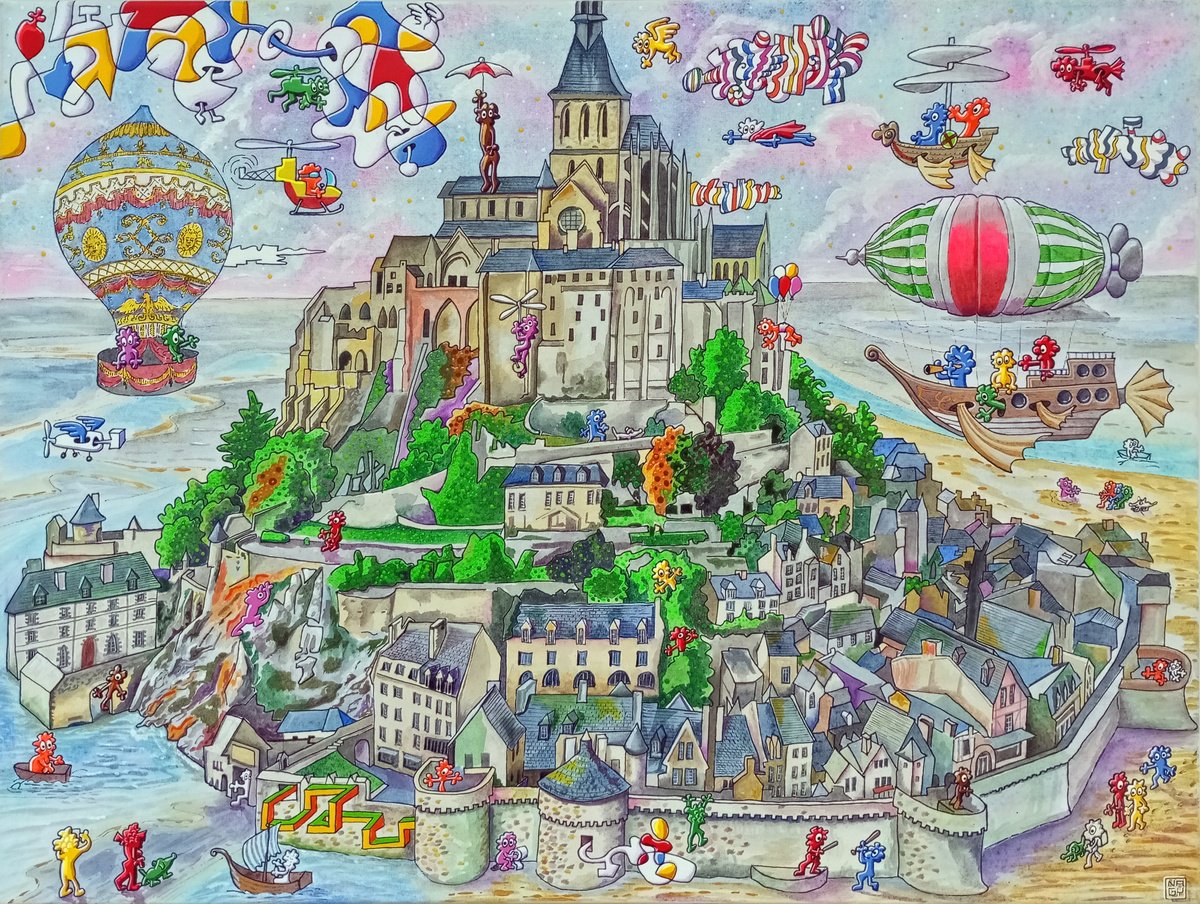 Cartoon Cityscapes Acrylic Painting By Peter Nagy, 31 X 24", Le Mont Saint Michel, Original Artwork