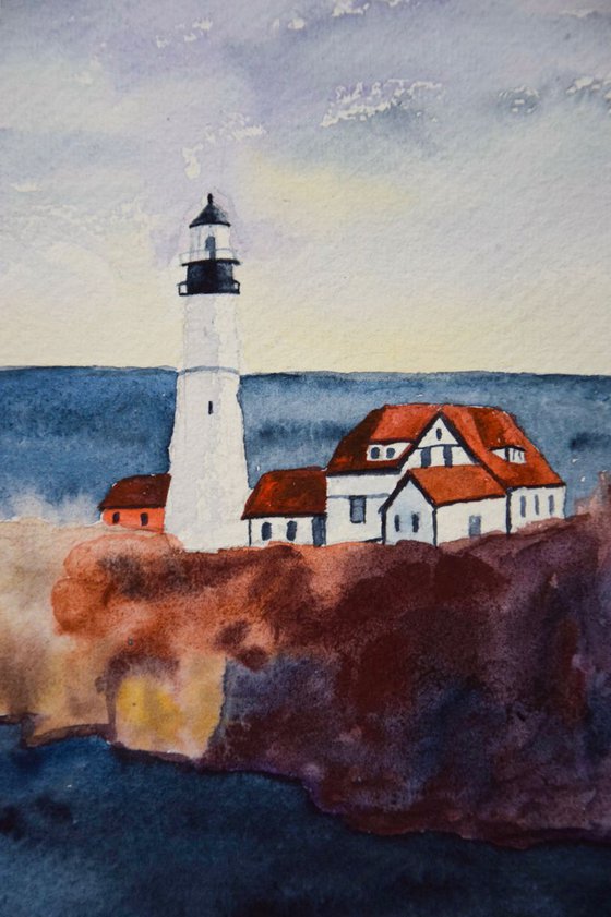 Lighthouse original watercolor painting on craft paper, sea and rocks, hygge home decor