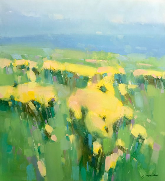 Field of Yellow Flowers, Original oil painting, Handmade artwork, One of a kind