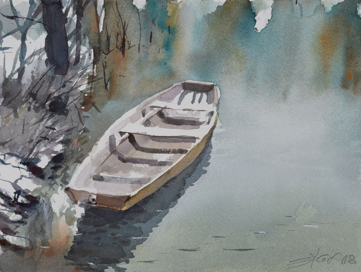 Boat on the river by Goran �igoli? Watercolors