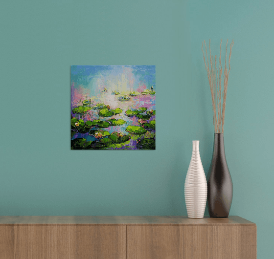 Water lilies at sunset - painting original oil, canvas