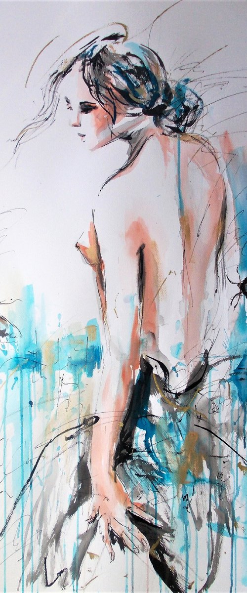 Revelation - Figurative Woman on Paper.Woman Drawing on Paper by Antigoni Tziora