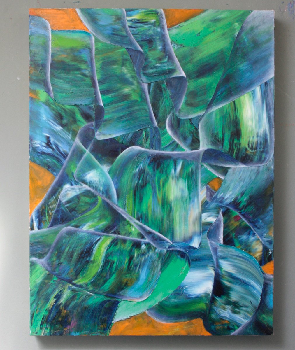 Geometric Abstract Oil Painting By Giuseppe Pastore, 24 X 31, Fade To Blue, Original Artwork