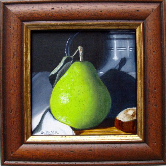 Still life of Pear with pewter and conker