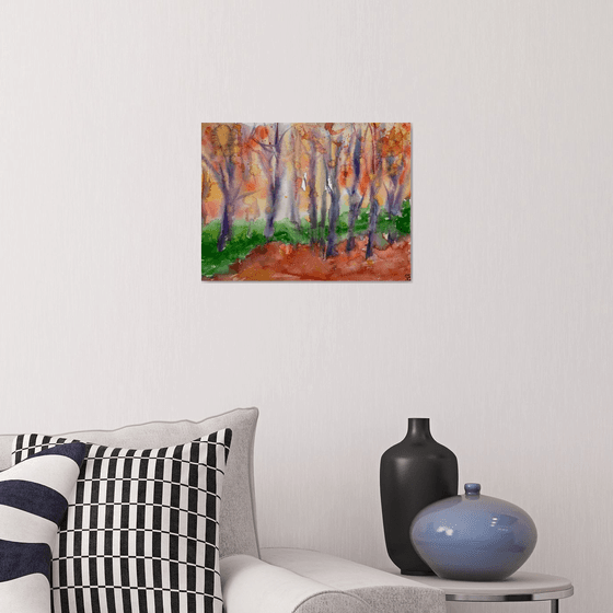 Fall Forest Watercolor Painting, Autumn Landscape Original Artwork, Orange Wall Decor