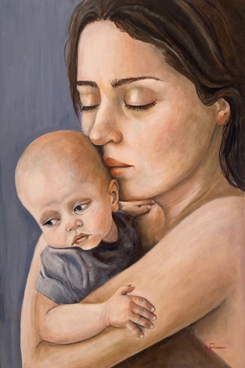 Expressive Portrait Oil Painting By Maria Romano, 16 X 24", Maternity, Original Artwork