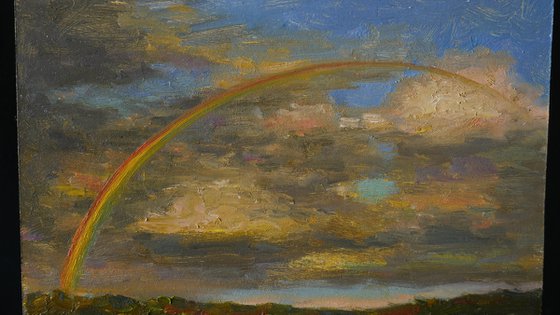 Rainbow Over The Wet Road - sunny summer landscape painting