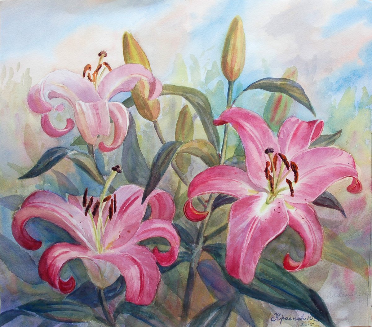 Photorealistic Botanical Watercolour By Yulia Krasnov, 19 X 17", Lilies In The Garden, Original Artwork