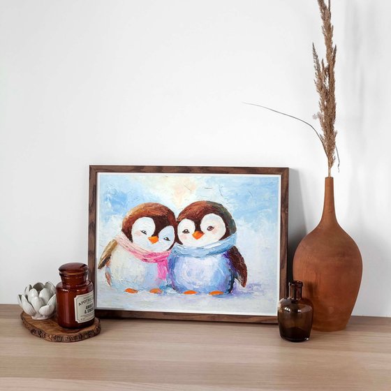 Penguin Couple Oil Painting Bird Wall Art Small Artwork