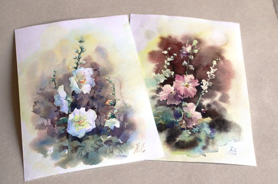 Pink Hollyhocks, Small watercolor art, Wild mallow flowers gift