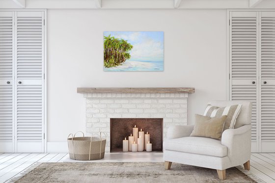 Large Abstract Seascape Painting. Palm trees. Beach, Ocean, Waves, Sky with Clouds, Sailboats, Sailing, Yacht.