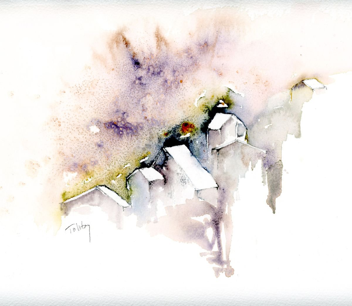 Impressionistic Landscape Watercolour By Alex Tolstoy, 10 X 9, Snow Shower On The Town, Original Artwork