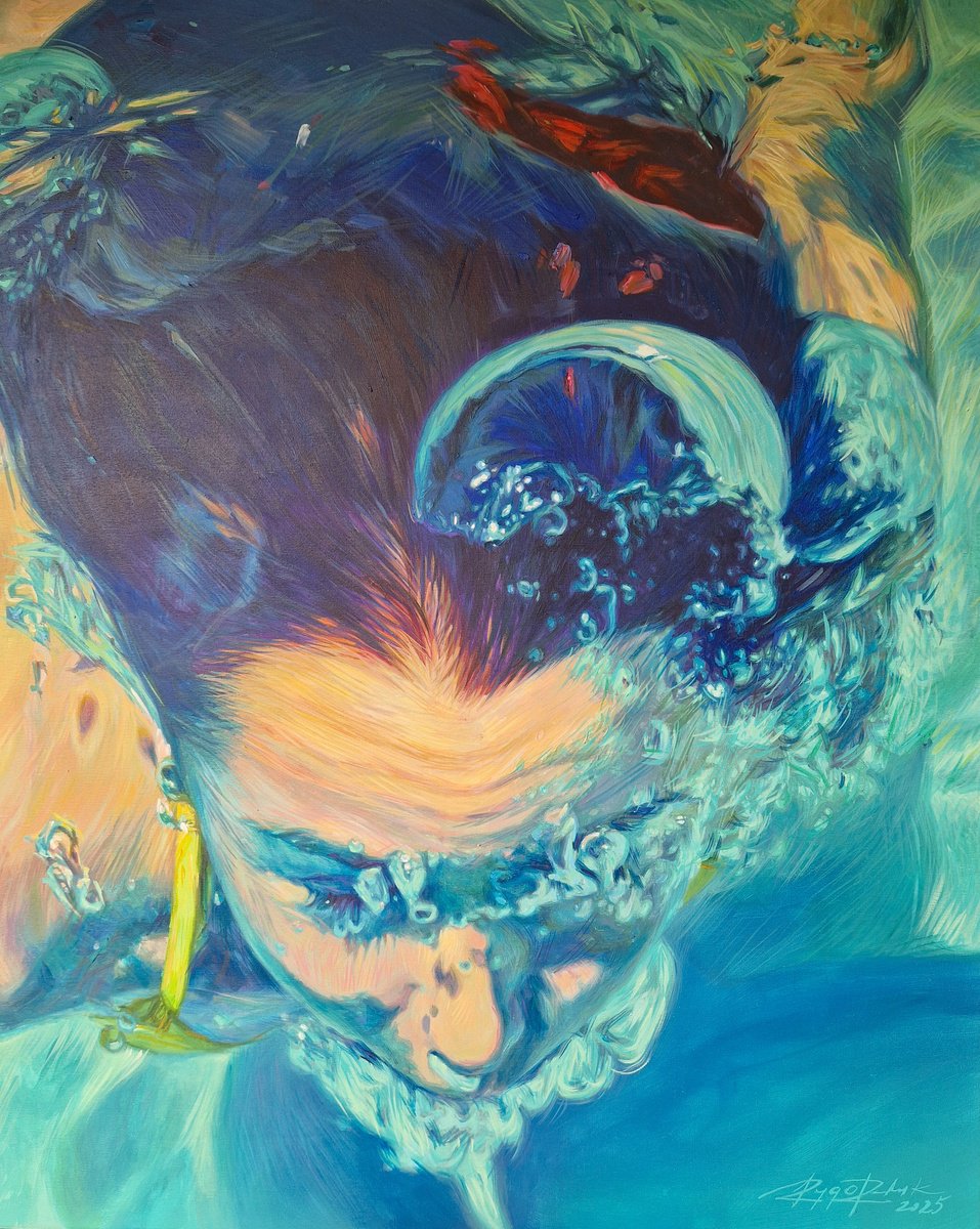 Photorealistic Portrait Acrylic Painting By Lesja Rygorczuk, 31 X 39", Diving Silence, Original Artwork