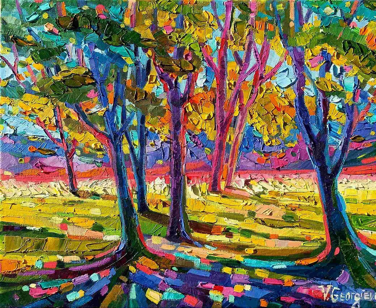 Impressionistic Landscape Oil Painting By Vanya Georgieva, 20 X 16", Trees And Shadows 3, Original Artwork