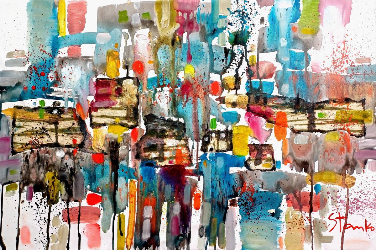 Abstract Acrylic Painting By Stanislav Bojankov, 47 X 31", Rainy Music-V, Original Artwork