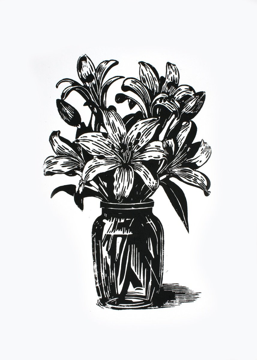 Illustrative Botanical Screenprint By Kosta Morr, 12 X 17", Lilies (Black), Original Artwork