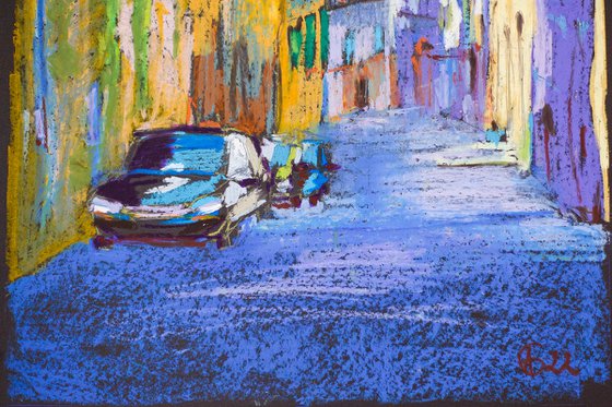 Siena. View of the old town street. Medium oil pastel drawing bright colors Italy