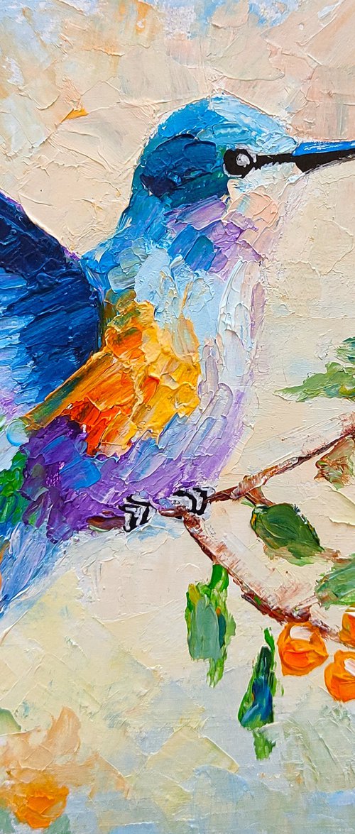 Hummingbird on branch painting by Yulia Berseneva