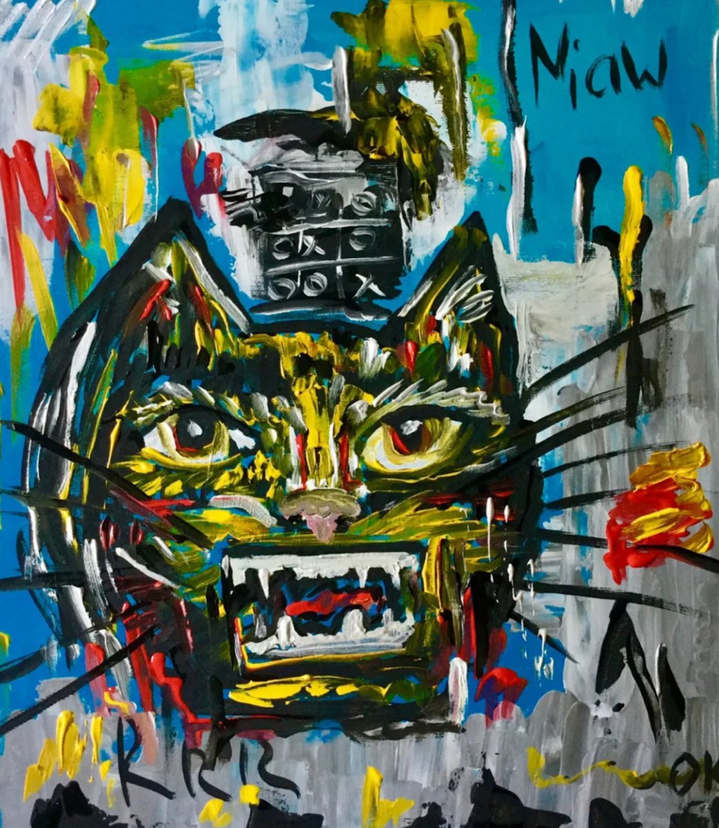 Expressive Animal Acrylic Painting By Olga Koval, 16 X 18", Cat Basquiat Version, Original Artwork