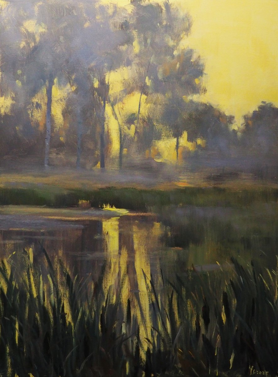 Impressionistic Landscape Oil Painting By Yuanyuan Liu, 24 X 31", Morning Mist, Original Artwork