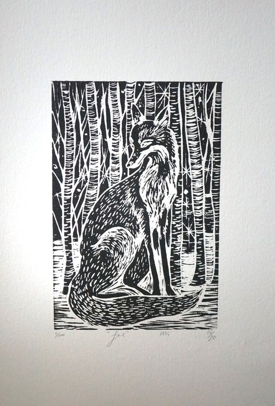 Night Fox Linocut Print