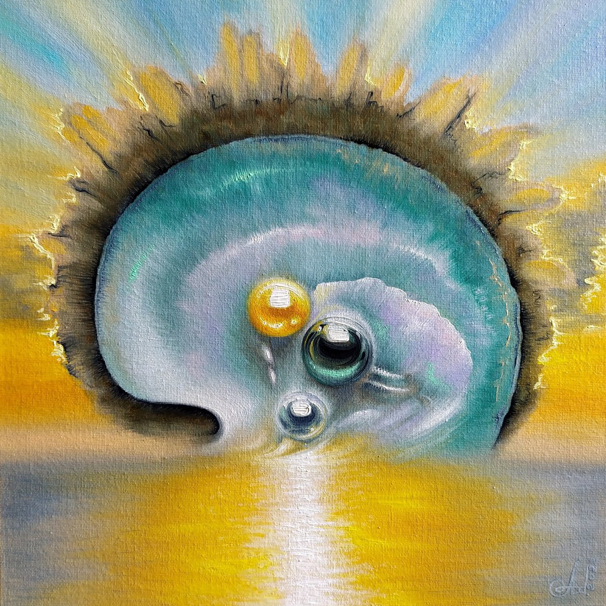 Surrealistic Landscape Oil Painting By Anna Shabalova, 15 X 15, Pearly Sunrise, Original Artwork